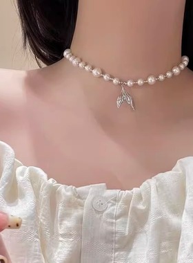 鱼尾珍珠项链女可抽拉调节精致