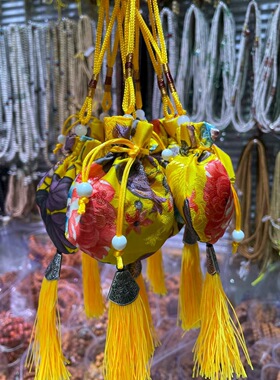 古风黄色织锦刺绣香囊空袋 流苏挂绳荷包 中式随身香包车载挂