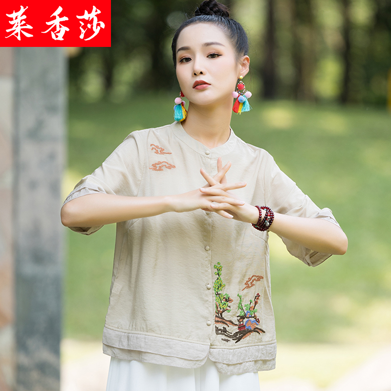 夏季中国风唐装女装改良旗袍上衣两件套复古绣花茶服中式短袖衬衫