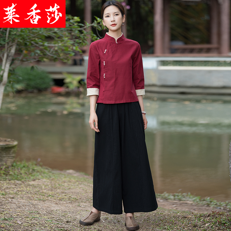 汉服夏装中国风复古中式唐装禅意女装棉麻茶服禅修服改良旗袍上衣 - 图2