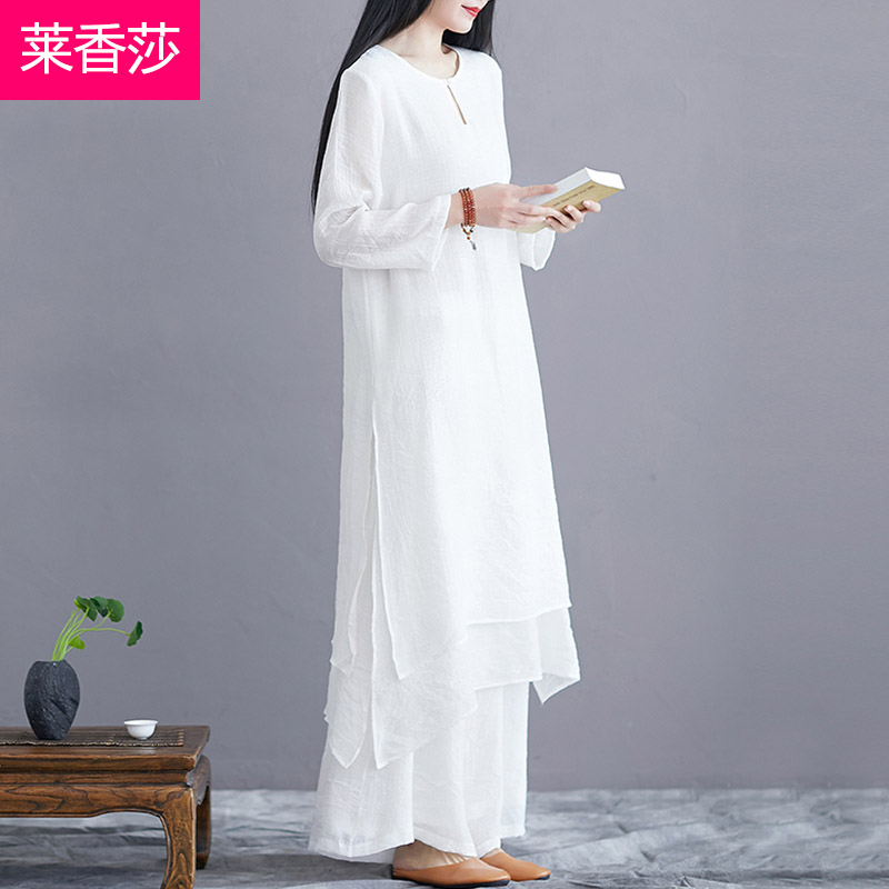 中国风禅意女装棉麻茶服禅修居士服禅舞服复古风汉服连衣裙两件套