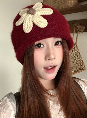 蓝色氛围感花朵针织堆堆帽显脸小
