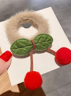 新款秋冬款甜美可爱少女扎头发绳樱桃毛绒发圈女不伤发百搭头绳