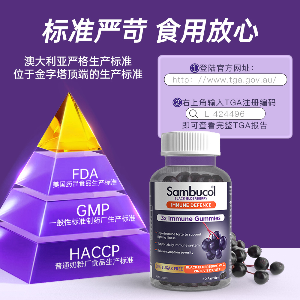 澳洲Sambucol善倍康黑接骨木莓成人多维维生素C免疫力锌软糖2瓶装