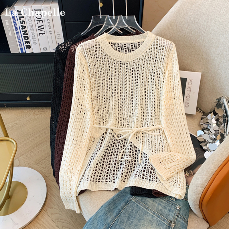 拉夏贝尔/La Chapelle2025年春季新款镂空不规则感时尚气质针织衫 - 图0