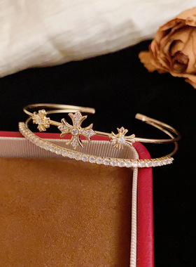 欧美个性时尚跨境满钻十字架双层开口手镯轻奢百搭高级感超闪