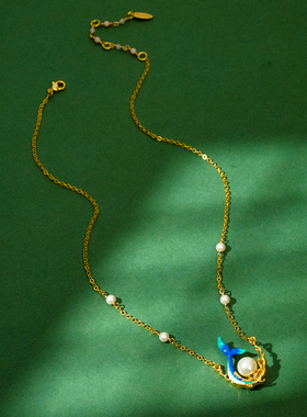 珐琅釉蓝色海豚鱼尾珍珠锁骨项链