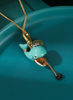 珐琅釉蓝鲸鱼可打开小狗吊坠项链