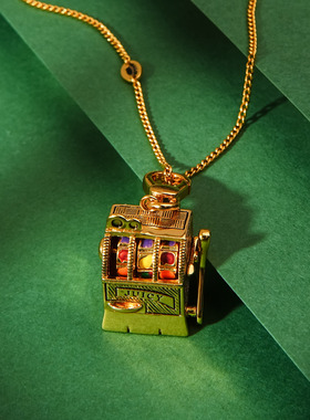 可转动金色摇奖老虎机吊坠项链