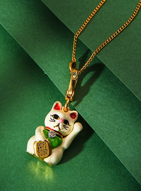 珐琅釉镶钻可打开招财猫吊坠项链
