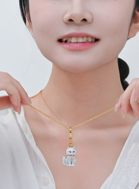 珐琅立体镶钻皇冠小猫咪吊坠项链