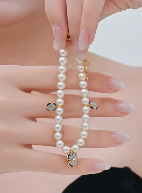 珐琅彩蓝调四叶草珍珠手链小清新