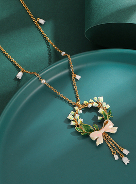 白色铃兰花朵蝴蝶结花环项链