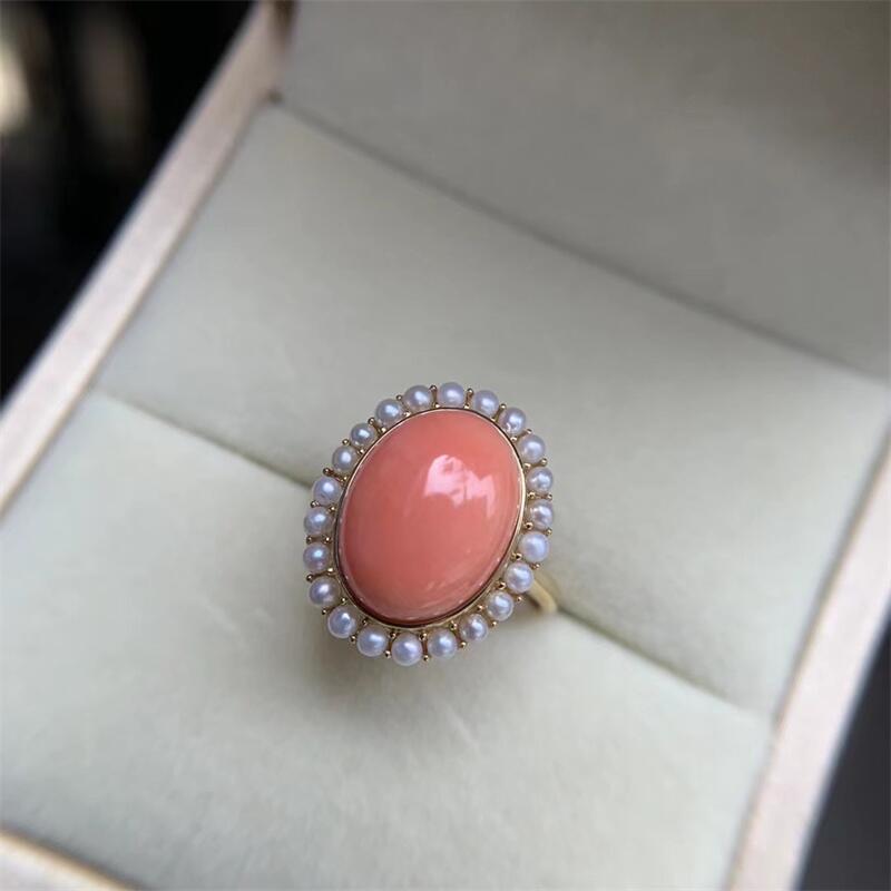 天然18k金莫莫momo珊瑚戒指原色momo有机宝石阿卡粉红颂 - 图2