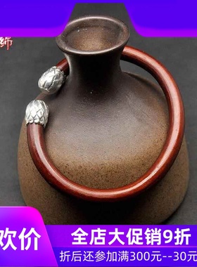 野生西藏山南无节鸡血藤手镯6mm粗以上加银头莲花套头民族风