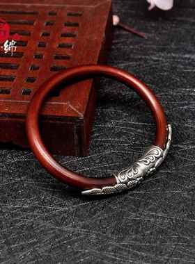 野生西藏山南无节鸡血藤手镯银羽毛雕花闺蜜民族风开口藤镯