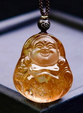 天然水晶巴西原矿黄胶花手工精致雕刻大肚佛弥勒佛吊坠项链19克速
