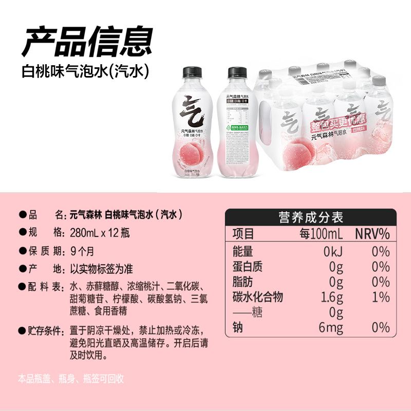 【百亿补贴】元气森林0糖0脂0卡气泡水可乐/白桃味280mL*12瓶无糖 - 图2