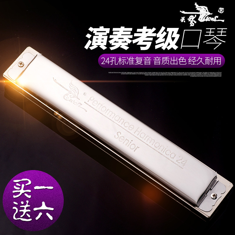 吉悦乐器专营店正品包邮天鹅牌口琴24孔C调高级演奏考级复音C调银色口琴SW24H0