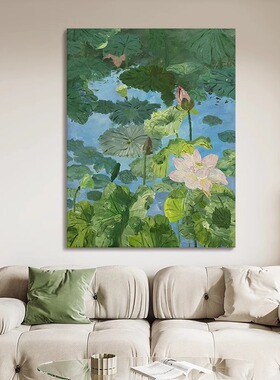和和美美新中式绿色荷花池塘客餐厅高级感装饰画玄关茶室竖版挂画