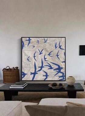 新中式蓝色飞鸟装饰画客厅玄关燕子小众艺术卧室中国风简约挂画
