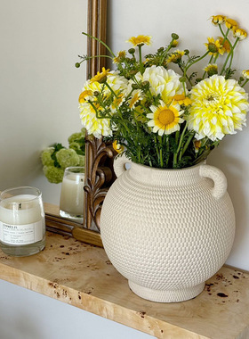 侘寂风花器双耳陶瓷花瓶插花摆件感小众轻奢客厅家居装饰花瓶