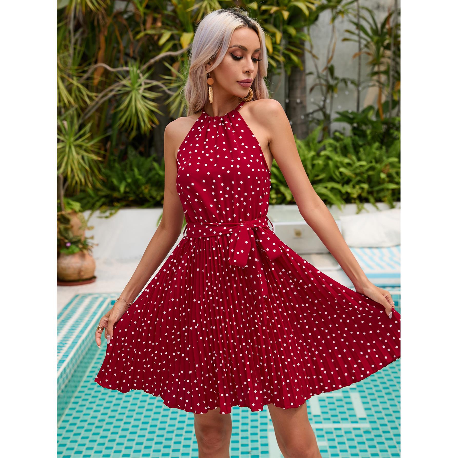 Polka dot neckline sleeveless lace up waist pleated dress - 图1