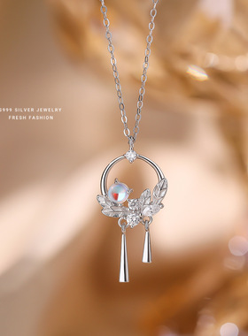 S999纯银月光石繁花项链女