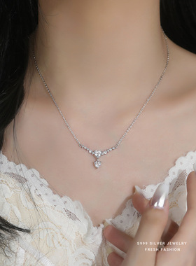 S999纯银小V流苏爱心项链女锁骨