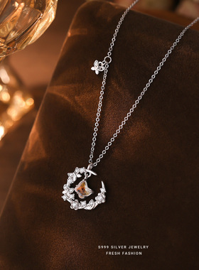 S999纯银蝶恋花项链女蝴蝶吊坠