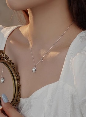纯银八芒星月牙锁骨链女礼物项链