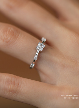 s999纯银四叶草开口戒指女足银