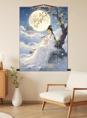 嫦娥挂画嫦娥奔月画像书房玄关客厅装饰字画沙发背景墙丝绸卷轴画