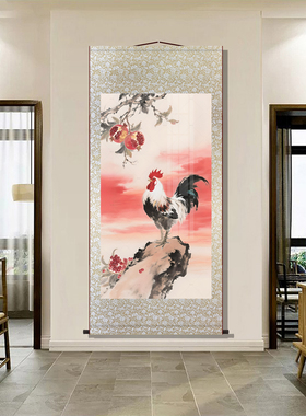 大公鸡挂画雄鸡招财聚财客厅玄关装饰墙画金鸡报晓鸿运当头卷轴画