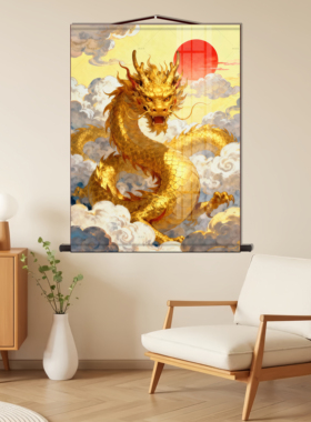 金龙挂画中国龙红日神龙瑞兽高清墙画家用丝绸卷轴画像装饰画吉祥