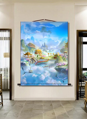 仙堂画堂口画仙境无活物挂画暗堂墙贴小桥亭子山水风景装饰画壁画