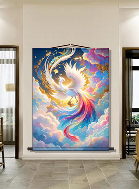 沙发背景墙挂画神鸟凤凰图正对门玄关装饰画百鸟朝凤酒店饭店高清
