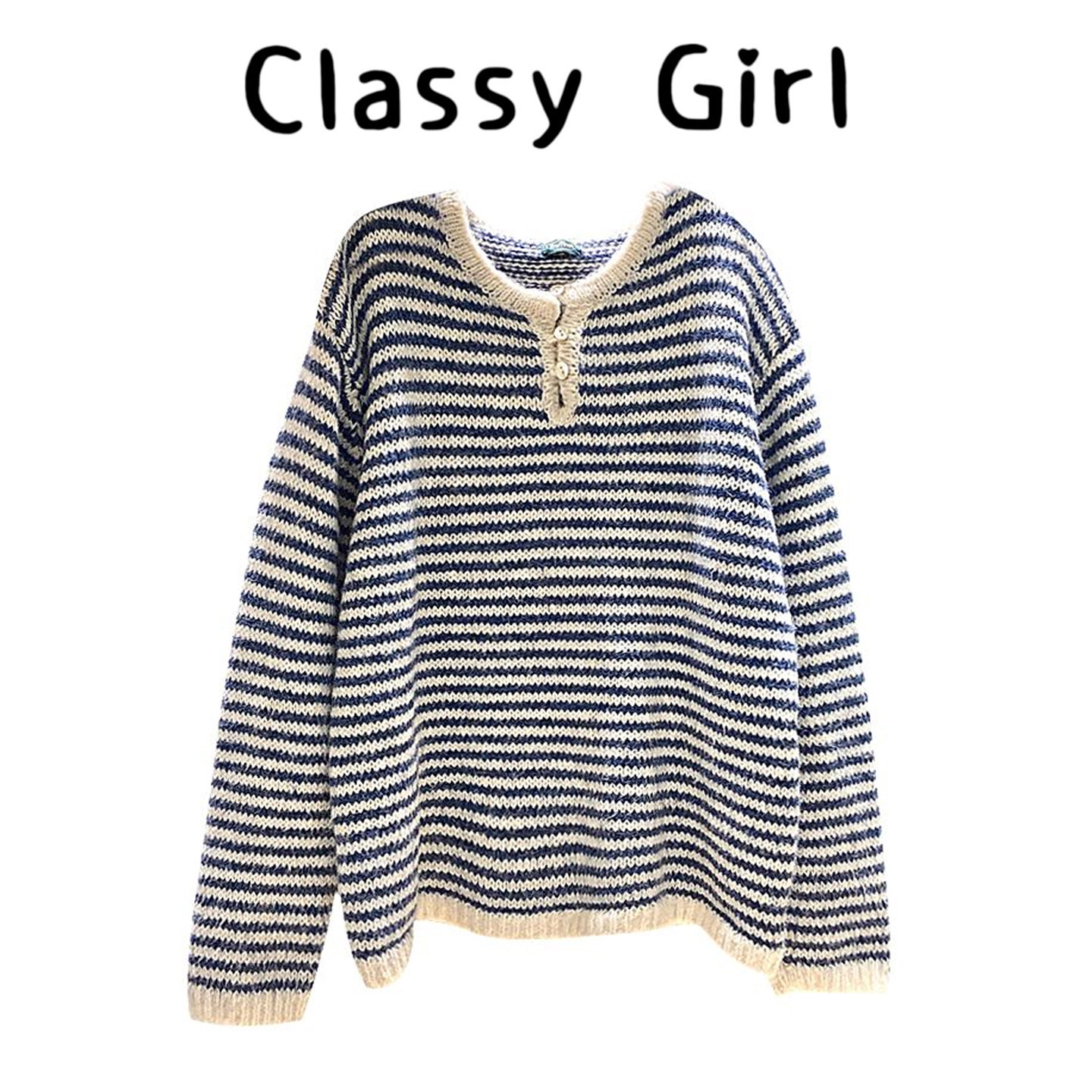 蓝色条纹圆领长袖针织毛衣女2025新款秋冬慵懒风内搭韩系打底上衣,淘宝优惠券,粉丝福利购,淘宝优惠卷