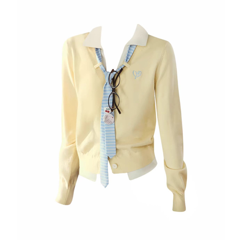 韩系减龄百搭条纹领带撞色假两件针织开衫女春季甜美时尚显瘦上衣,淘宝优惠券,粉丝福利购,淘宝优惠卷