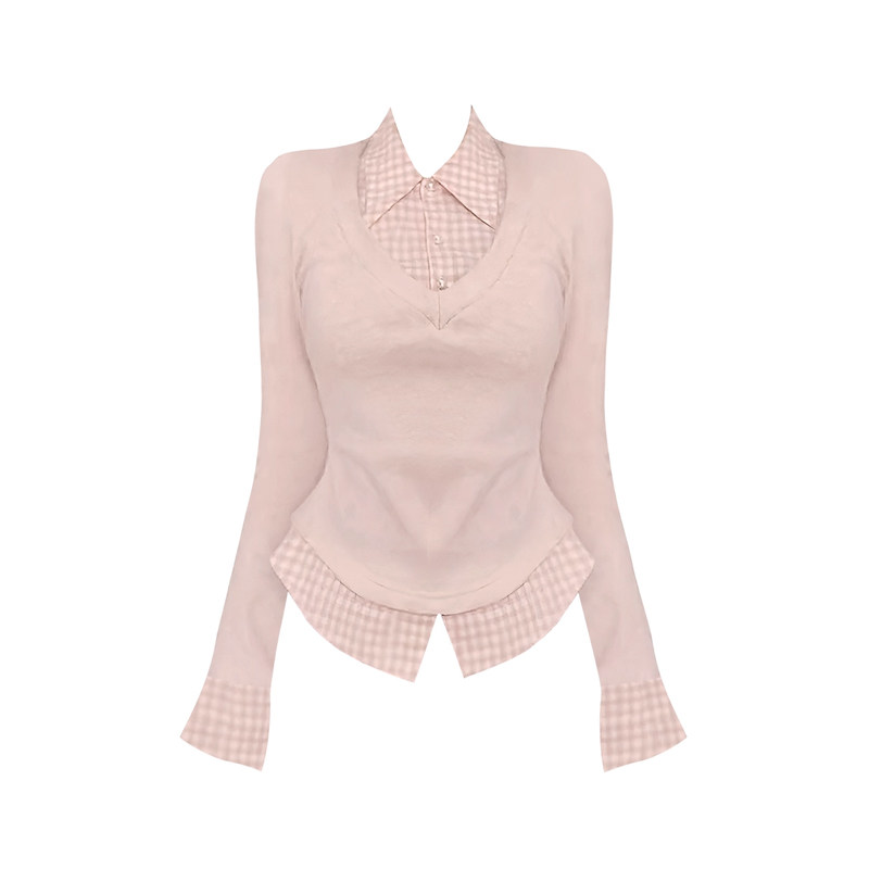 甜美温柔格子polo领假两件内搭打底衫女秋季百搭修身收腰长袖T恤,淘宝优惠券,粉丝福利购,淘宝优惠卷