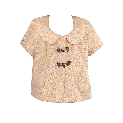 Classy girl 杏色甜美娃娃领羊羔毛马甲女冬季短款减龄叠穿外套 - 图2