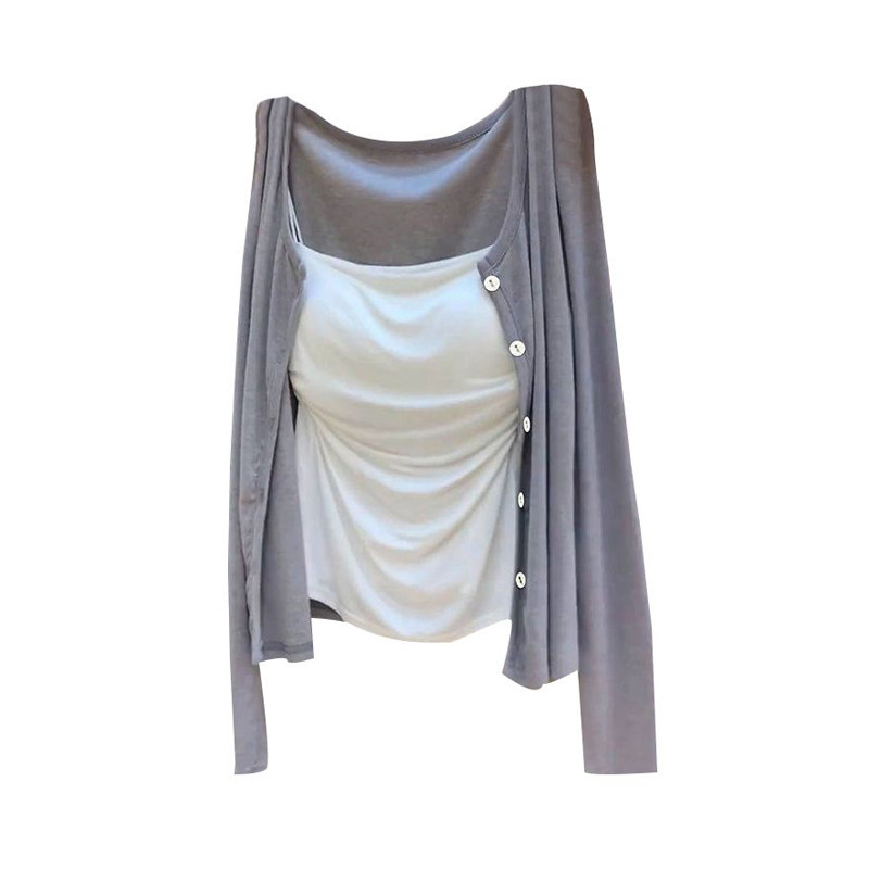 灰色针织开衫女薄款披肩上衣女2026春夏修身吊带辣妹短款罩衫套装,淘宝优惠券,粉丝福利购,淘宝优惠卷