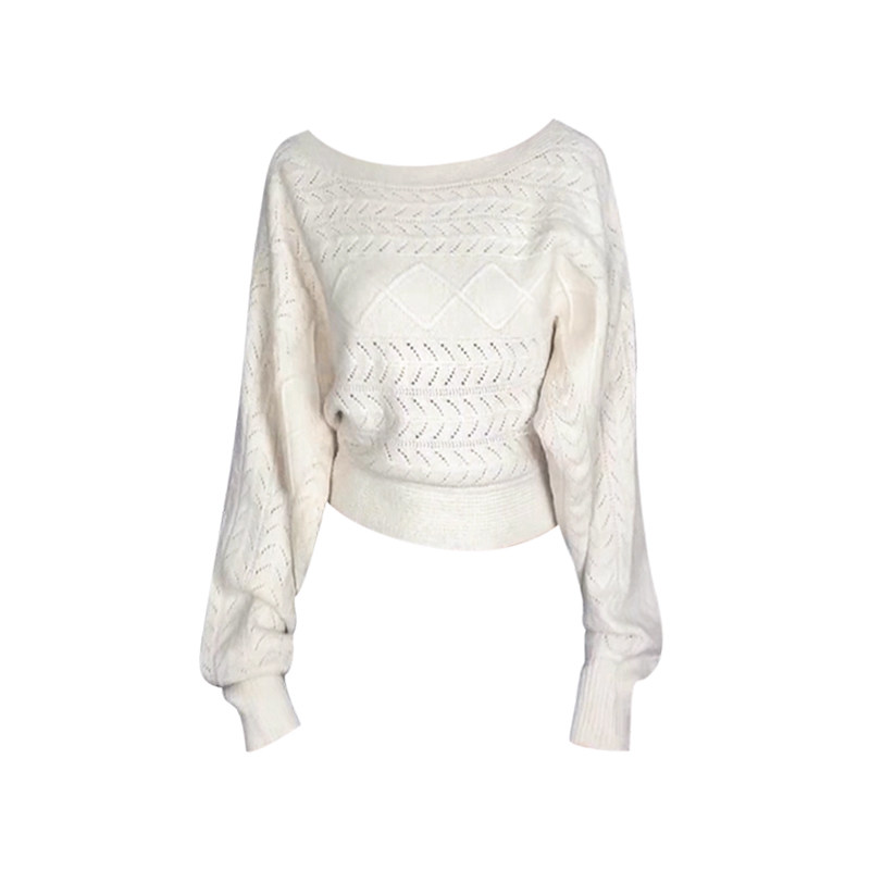 韩系温柔风提花蝙蝠袖长袖毛衣女秋季独特慵懒宽松短款露肩针织衫,淘宝优惠券,粉丝福利购,淘宝优惠卷