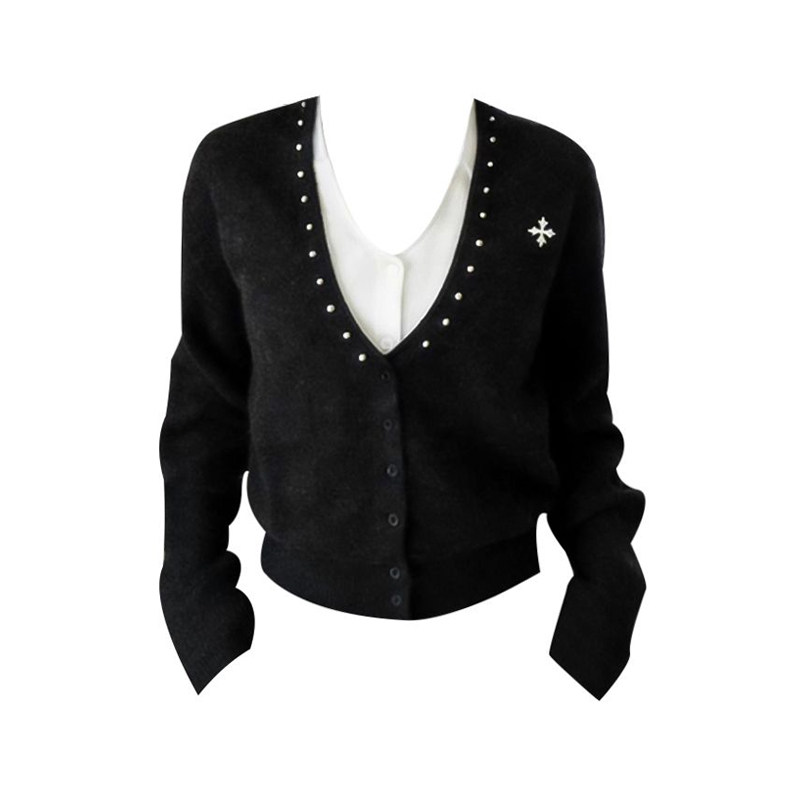 【夜影叠星】拼接假两件毛衣外套女冬季v领针织开衫钉珠长袖上衣,淘宝优惠券,粉丝福利购,淘宝优惠卷