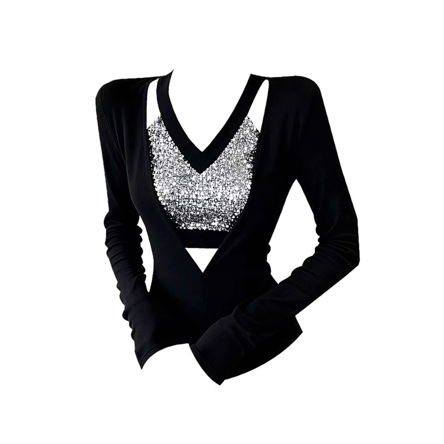 秋冬甜辣妹镂空正肩亮片v领打底衫女内搭修身显瘦长袖t恤绝美上衣,淘宝优惠券,粉丝福利购,淘宝优惠卷