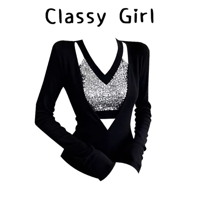 秋冬甜辣妹镂空正肩亮片v领打底衫女内搭修身显瘦长袖t恤绝美上衣,淘宝优惠券,粉丝福利购,淘宝优惠卷