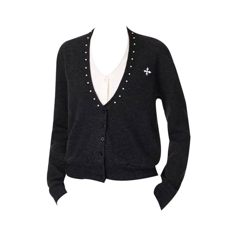 假两件钉珠毛衣开衫女2025秋冬韩系设计感保暖v领长袖外搭上衣,淘宝优惠券,粉丝福利购,淘宝优惠卷