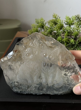 天然原皮原矿罕见蓝幽灵观赏石招财猫浮雕工艺桌摆