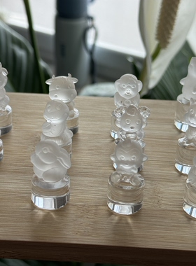 天然白水晶十二生肖印章摆件自家纯手工雕刻的整套搭配