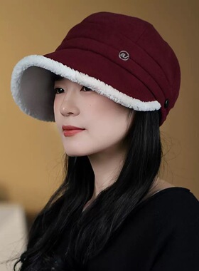 帽子女秋冬大帽檐鸭舌帽加绒休闲帽可挂口罩款渔夫帽显脸小盆帽子